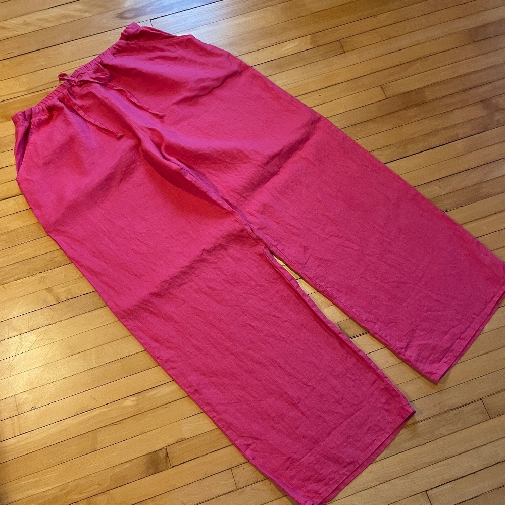 FLAX Wide Leg Linen Full Length Picnic Pant Elastic Drawstring Waist 31" Inseam